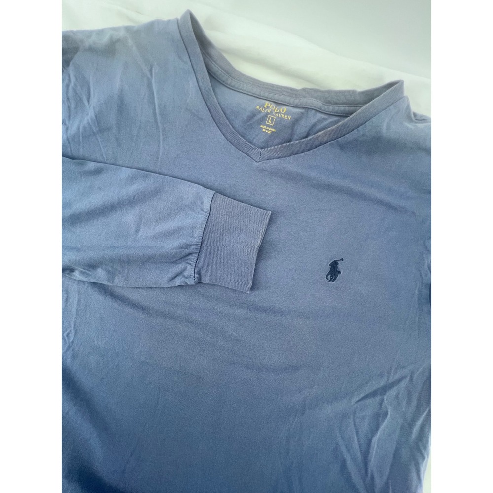 Polo Ralph Lauren Mens Large Blue V-Neck Long Sleeve Pony Logo Cotton Shirt 527